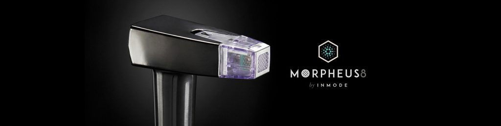 A promotional image of a Morpheus8 Skin Tightening device on a black background