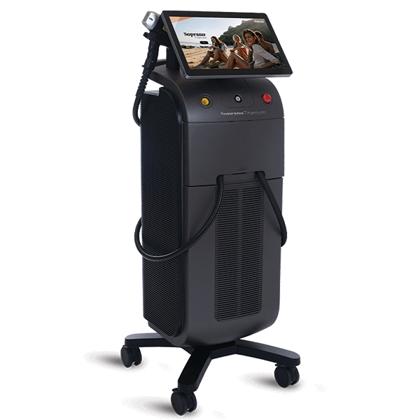 A black Soprano Titanium Laser Hair Removal unit with a screen